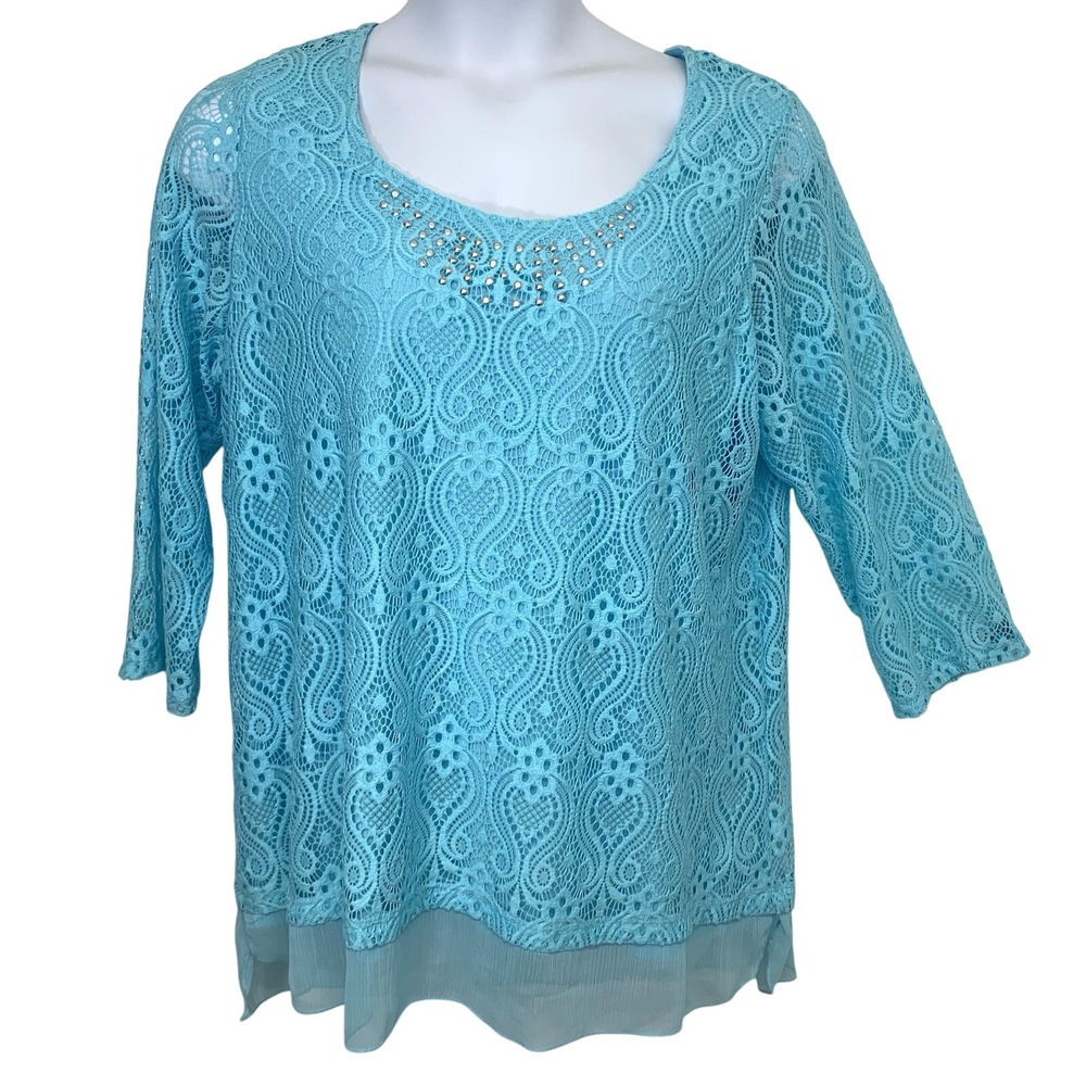 JM Collection‎ Crochet Beaded Tunic Top Woman 2X Lace Lined Blue Scoop Neck New
